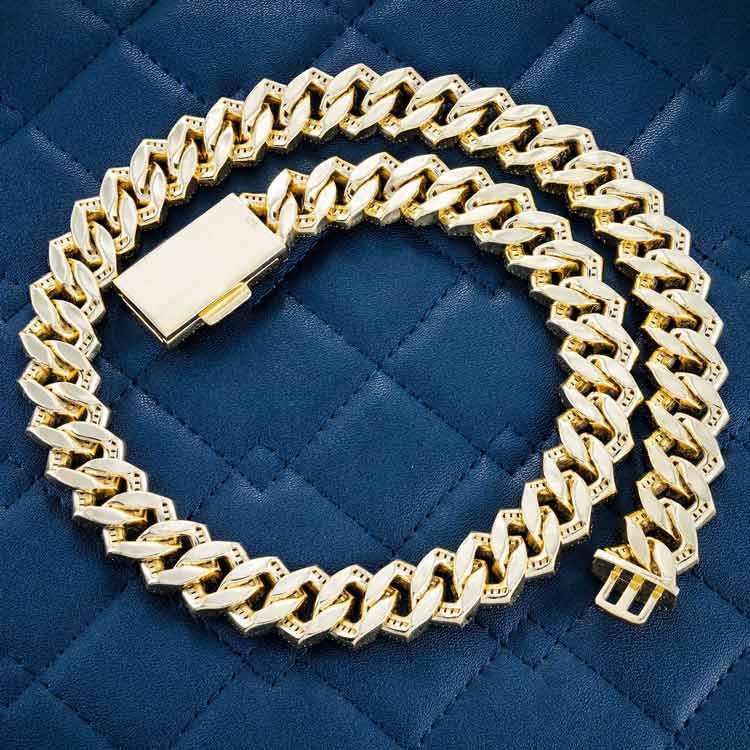 mens 15mm vvs moissanite baguette cuban link chain necklace 925 silver 14k yellow gold back