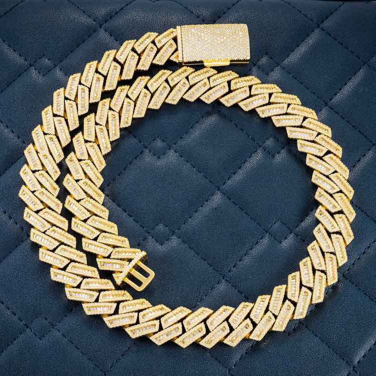 mens 15mm vvs moissanite baguette cuban link chain necklace 925 silver 14k yellow gold front