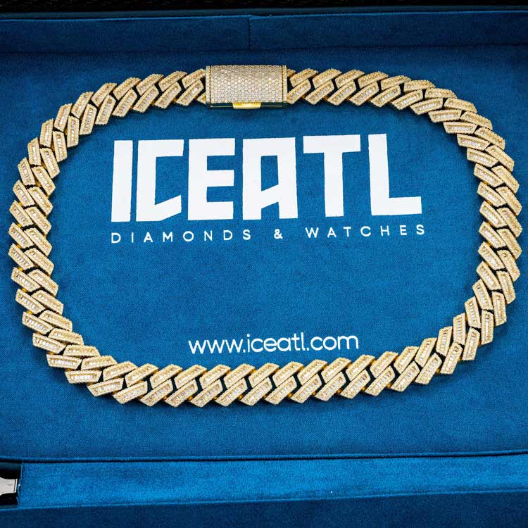 mens 15mm vvs moissanite baguette cuban link chain necklace 925 silver 14k yellow gold iceatl