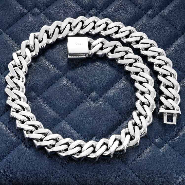 mens 18mm vvs moissanite baguette miami cuban link chain necklace 925 silver 14k white gold back