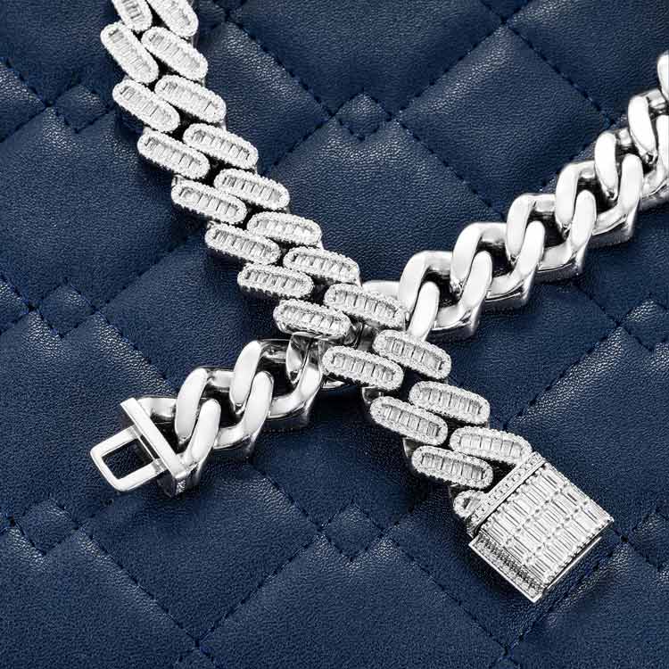 mens 18mm vvs moissanite baguette miami cuban link chain necklace 925 silver 14k white gold box clasp