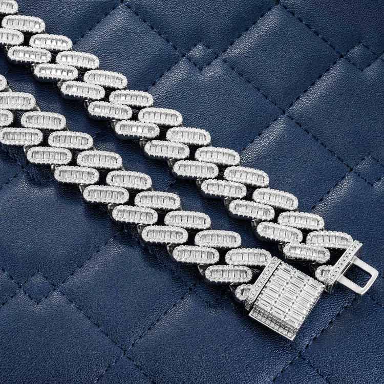 mens 18mm vvs moissanite baguette miami cuban link chain necklace 925 silver 14k white gold lock