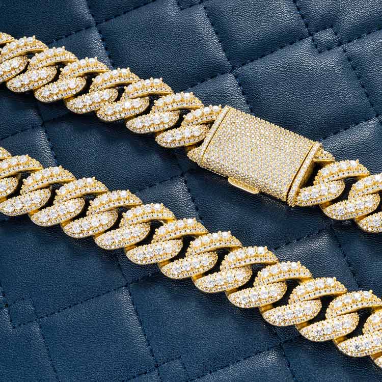 mens 20mm vvs moissanite prong miami cuban link chain necklace 925 silver yellow gold box clasp