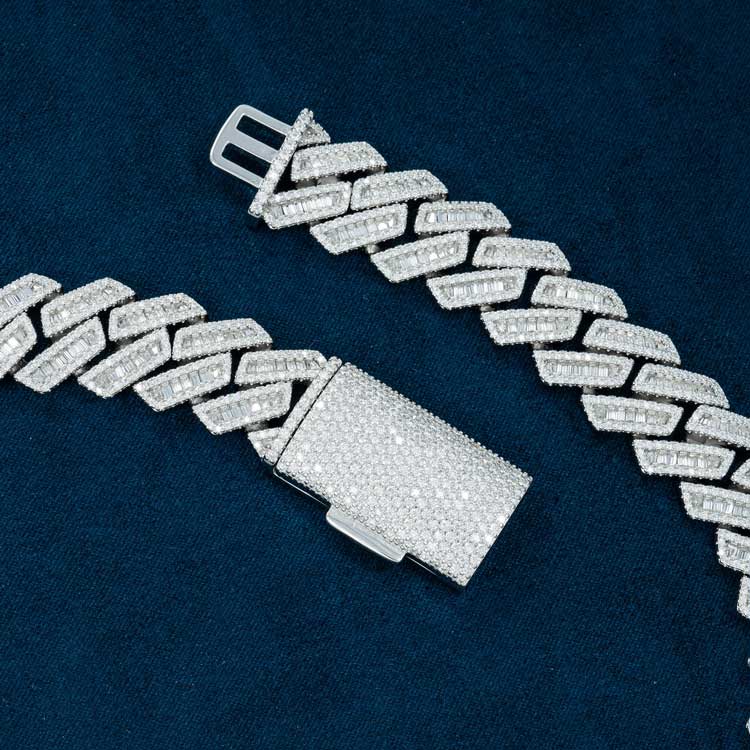 mens 925 silver 18mm moissanite baguette cuban link chain necklace 14k white gold box clasp