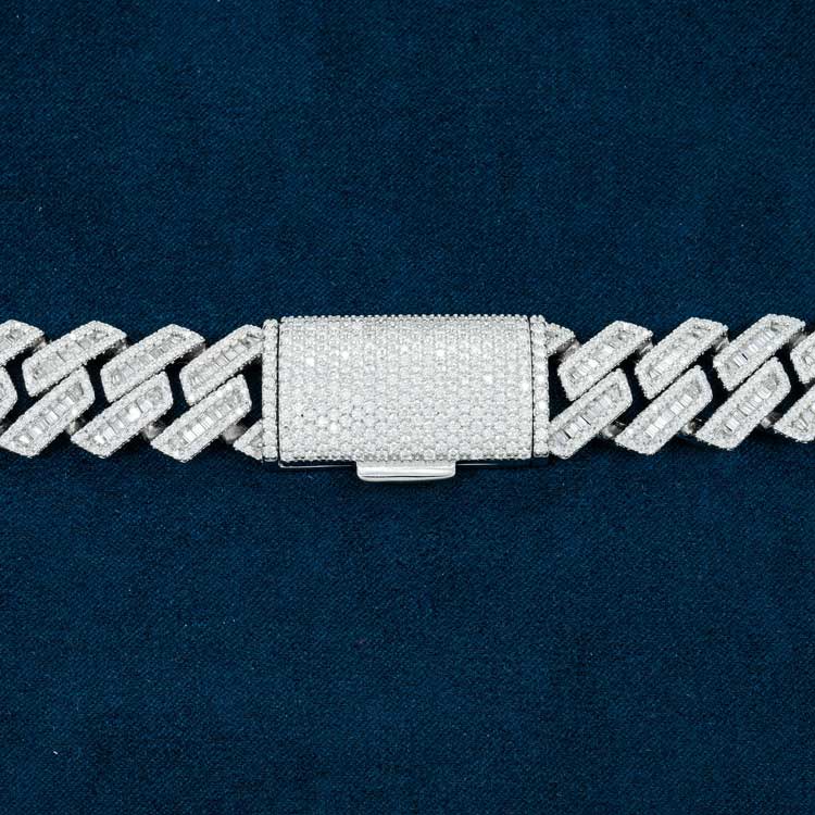 mens 925 silver 18mm moissanite baguette cuban link chain necklace 14k white gold clasp