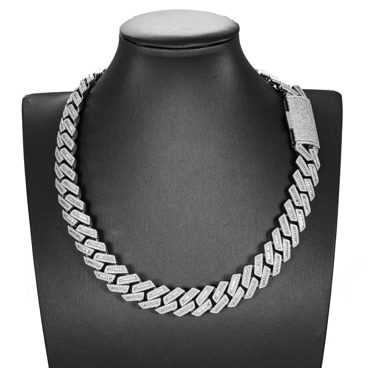 mens 925 silver 18mm moissanite baguette cuban link chain necklace 14k white gold display
