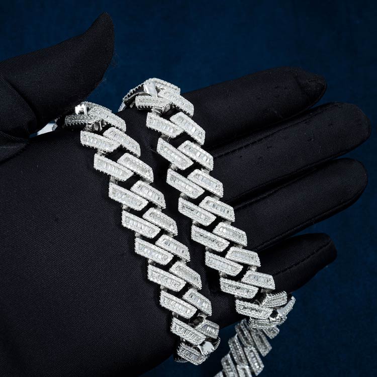 mens 925 silver 18mm moissanite baguette cuban link chain necklace 14k white gold hand