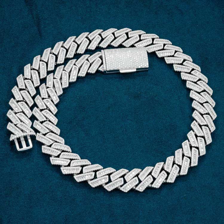 mens 925 silver 18mm moissanite baguette cuban link chain necklace 14k white gold