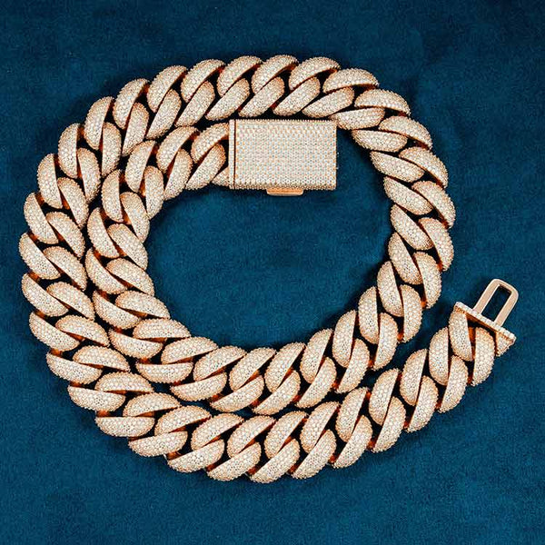 5 Row 925 Silver 20mm Moissanite Cuban Link Chain - 10K Rose Gold Rose Gold / 15