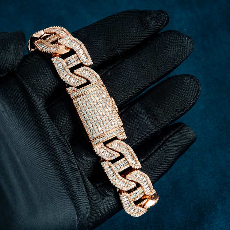 mens 925 sterling silver vvs moissanite diamond baguette 15mm mariner link bracelet 14k rose gold hand