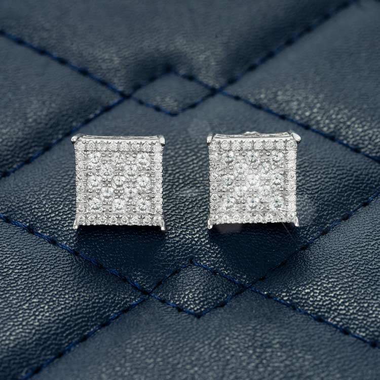 mens 9mm moissanite square cluster stud earrings 925 silver 14k white gold front