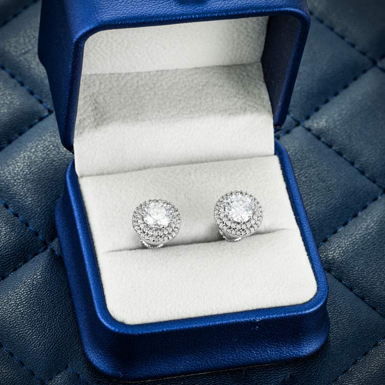 mens double halo screw back moissanite stud earrings 925 silver 14k white gold box