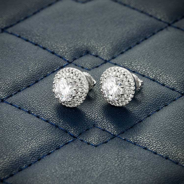 mens double halo screw back moissanite stud earrings 925 silver 14k white gold side