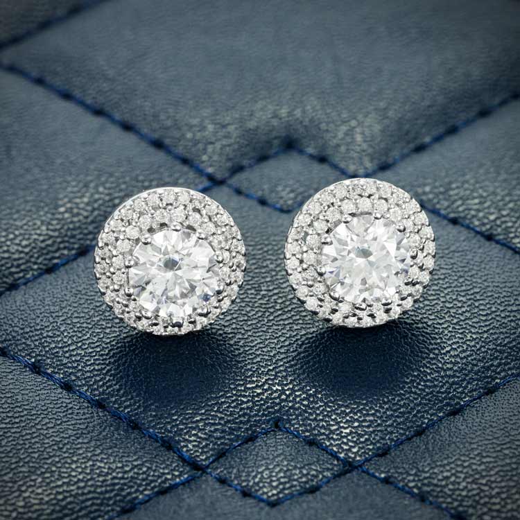 mens double halo screw back moissanite stud earrings 925 silver 14k white gold