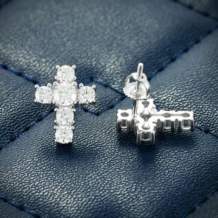 mens screw back moissanite cross earrings stud 925 silver 14k white gold back