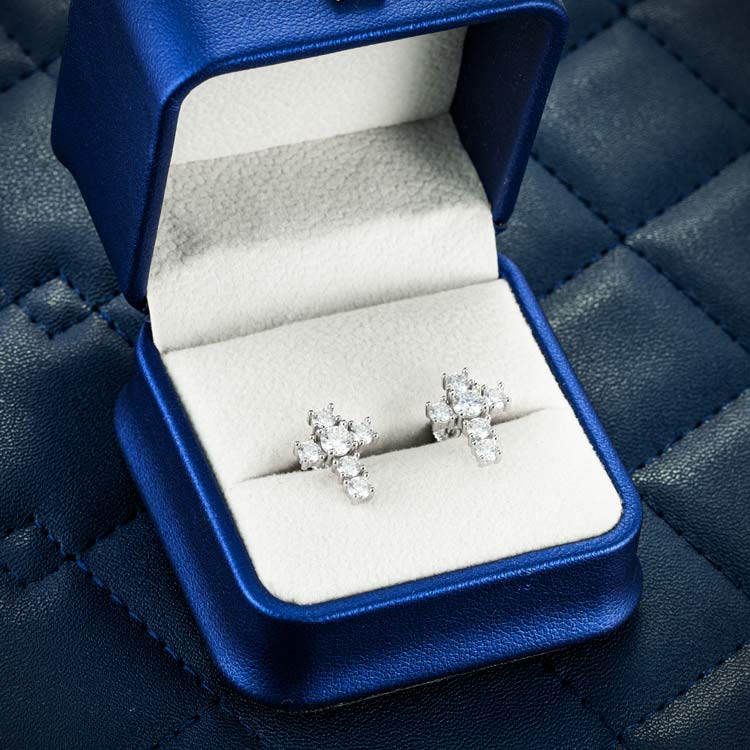 mens screw back moissanite cross earrings stud 925 silver 14k white gold box