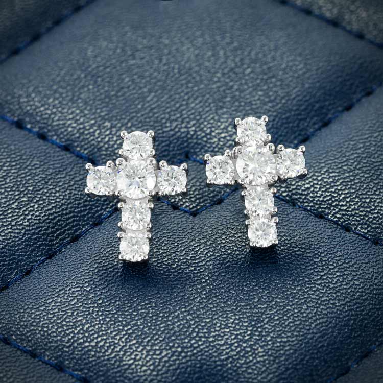 mens screw back moissanite cross earrings stud 925 silver 14k white gold front