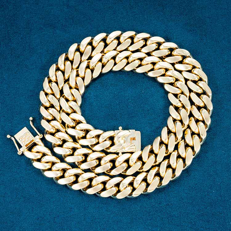mens solid 24k gold miami cuban link chain necklace yellow gold lobster front