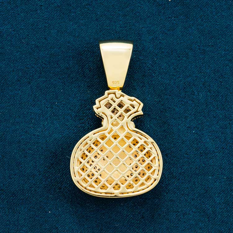 mens vvs moissanite money bag pendant hip hop 14k yellow gold 925 sterling silver back