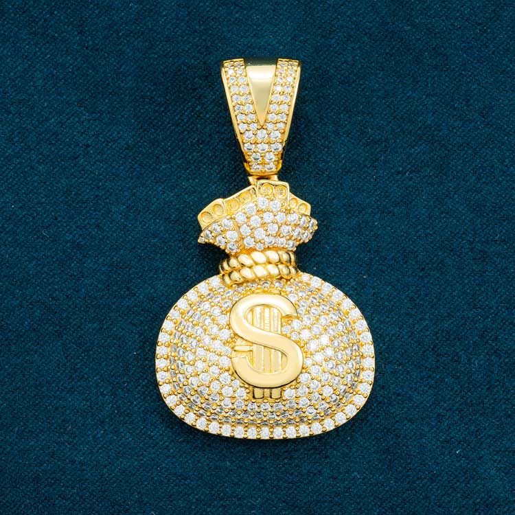 mens vvs moissanite money bag pendant hip hop 14k yellow gold 925 sterling silver front